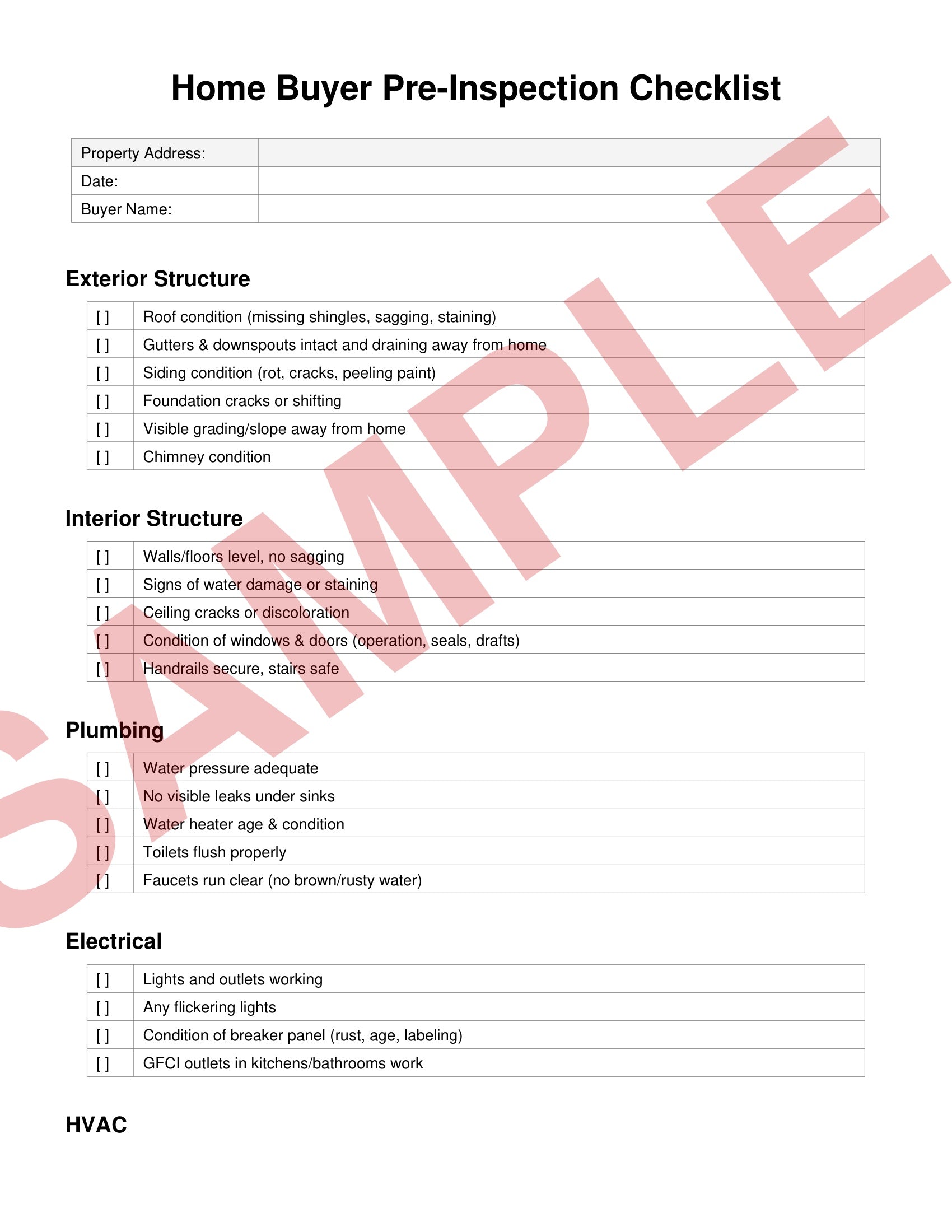 Home buyer pre-inspection checklist printable house walkthrough form for first-time buyers
