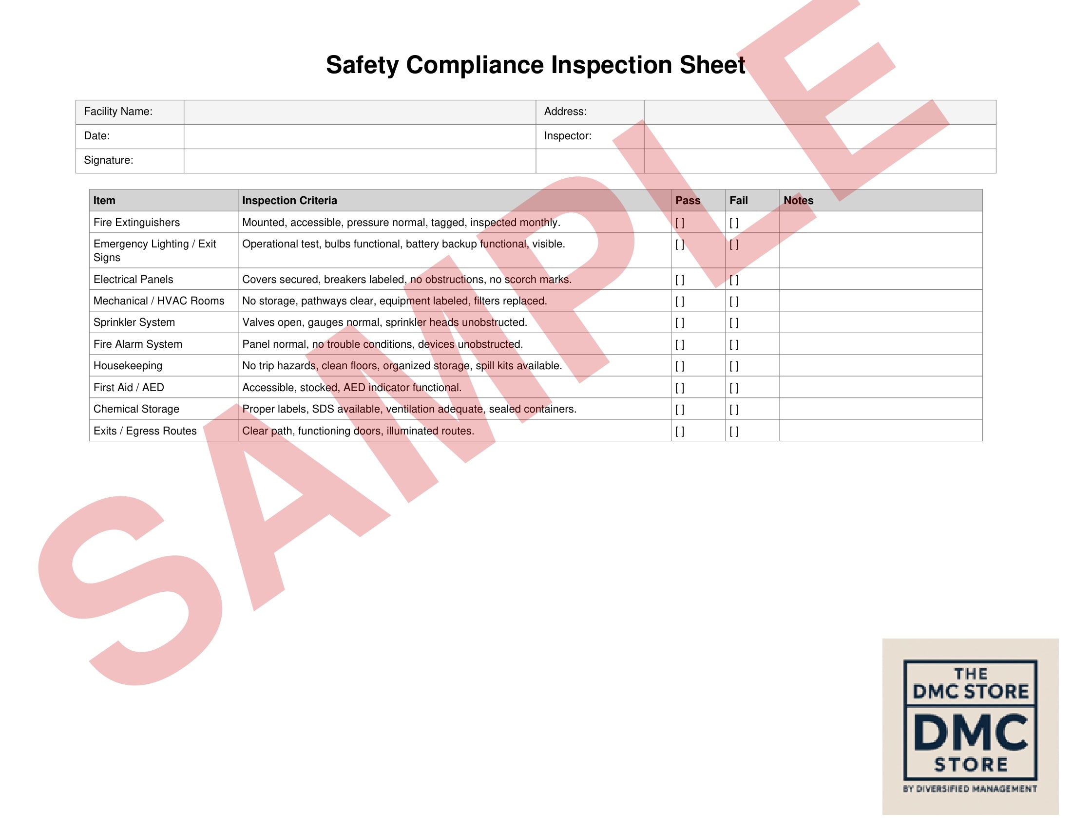 OSHA safety compliance inspection checklist for workplace facility audits and fire safety
