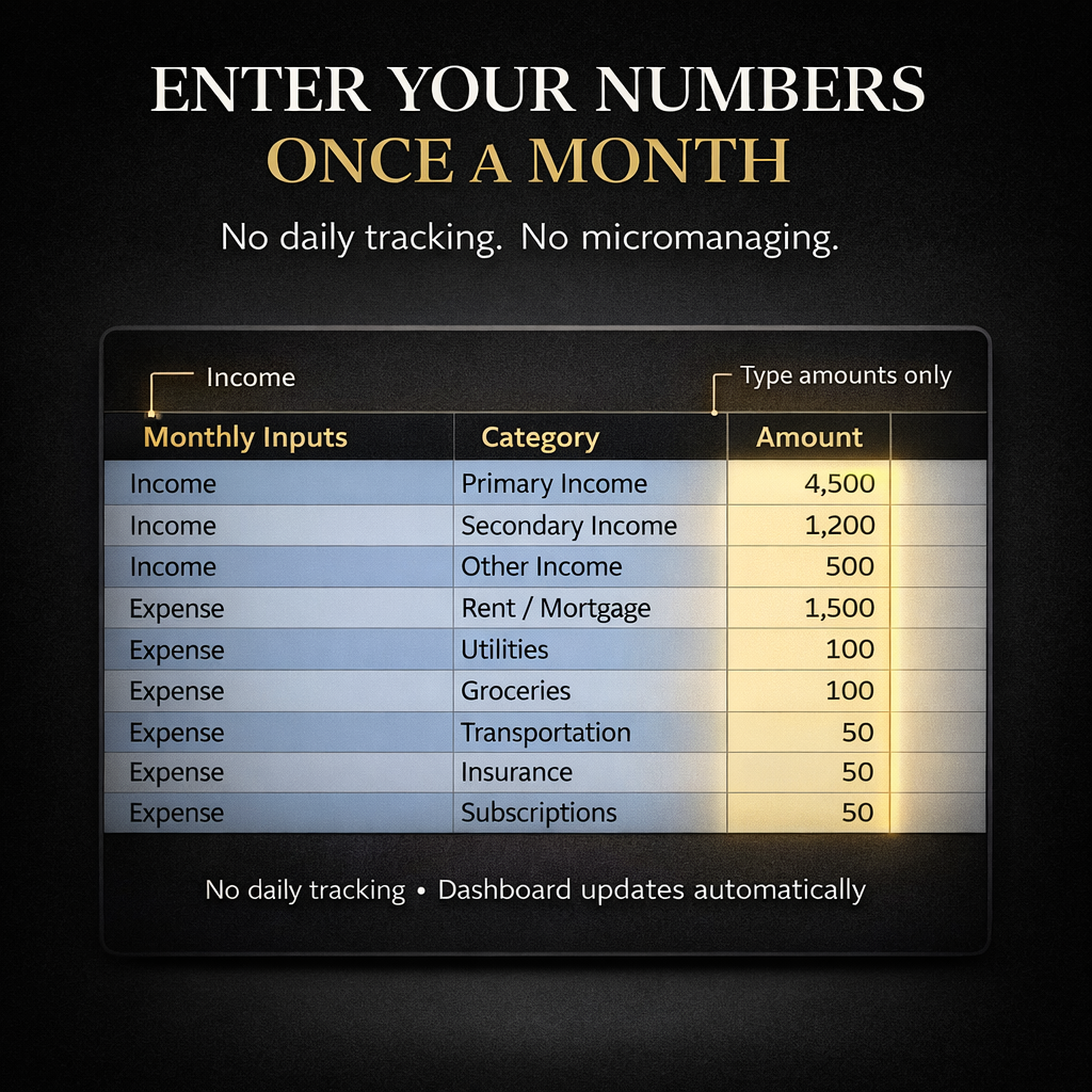 See your money clearly in under 10 minutes a month — no apps, no subscriptions, no spreadsheets to build.
